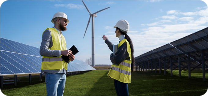 Engineers discussing in front of solar panels and wind turbines