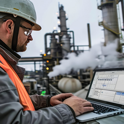 Engineer working on laptop in industrial setting